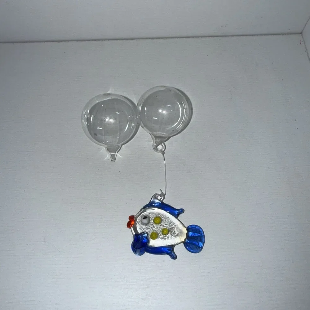 Handmade Floating Blown Glass Blue Fish W/Bubble Aquarium Decoration Extra Bubbl